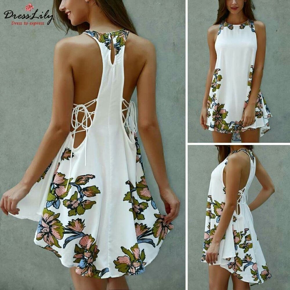 Asymmetrical Scoop Neck Floral Print Lace-Up Dress